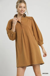 Umgee French Terry Balloon Sleeve Shift Dress with Leopard Print Detail Brown OutfitFlow
